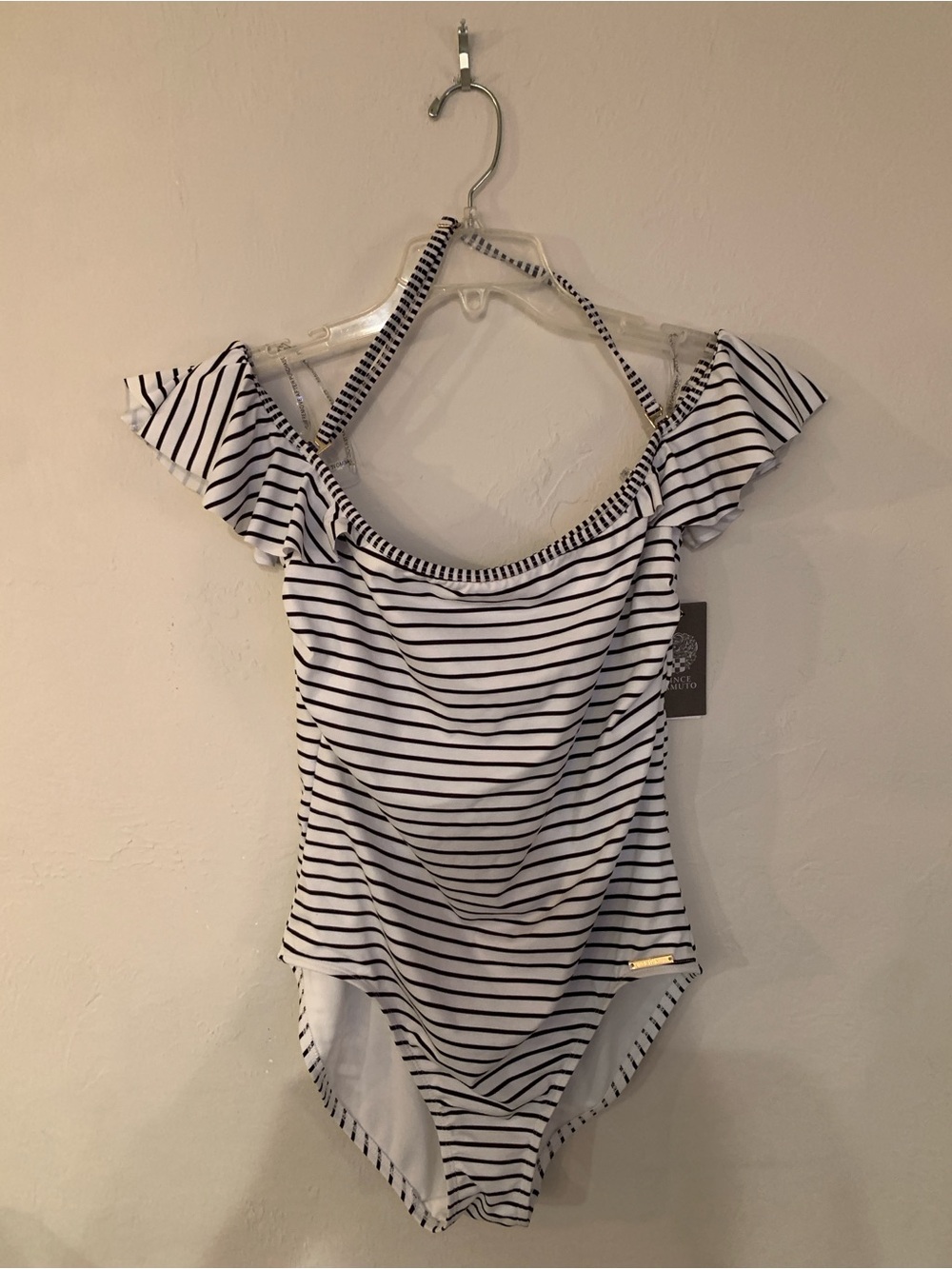 Vince Camuto White Black Stripe One-Piece Bathing suit NWT 12 ret $114
